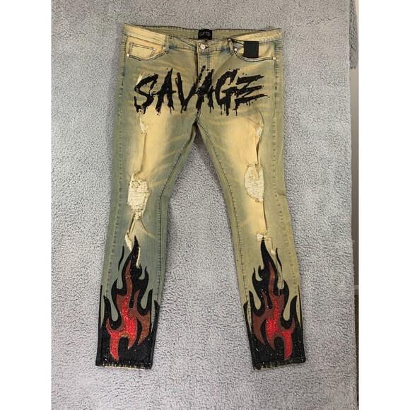 GFTD Los Angeles Men's Jeans Savage Wearable Art 42 Distressed Embellished NWT - Picture 1 of 12